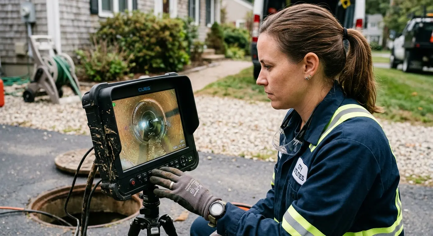 Technician reviewing sewer camera inspection footage in Blair