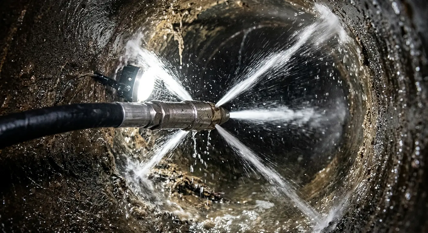 High-pressure hydro jetting nozzle cleaning sewer pipe for Sewer Cleanout in Blair