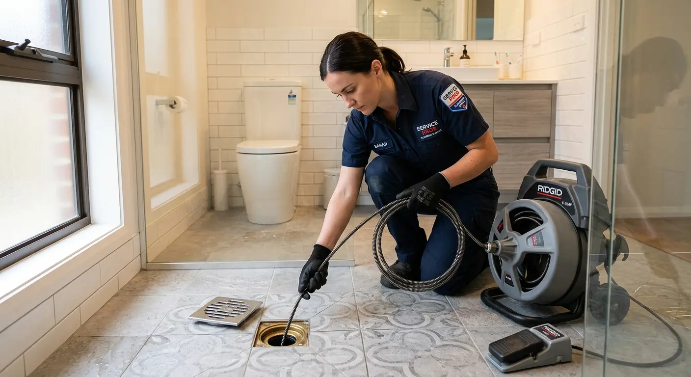 Technician clearing a bathroom floor drain for Hydro Jetting in Blair